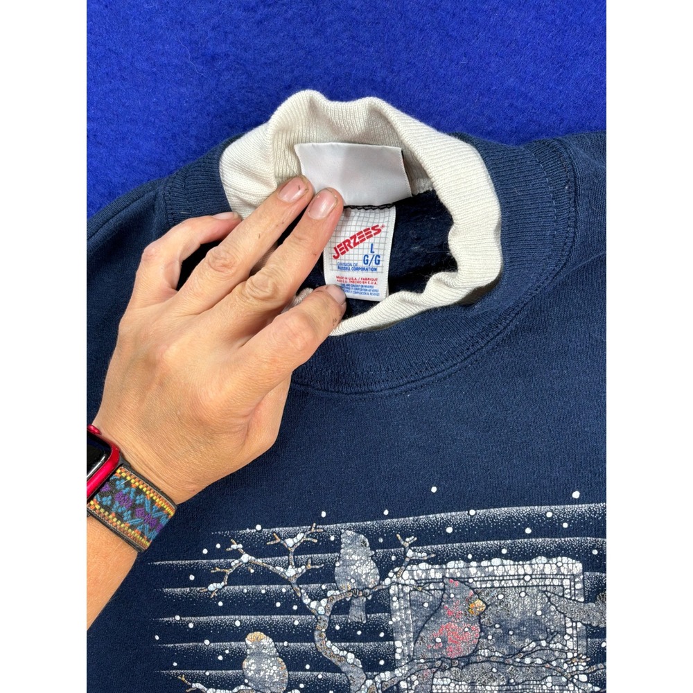 Vintage 90s Unisex Jerzees Winter Bird Mock Neck Sweatshirt L Navy Blue